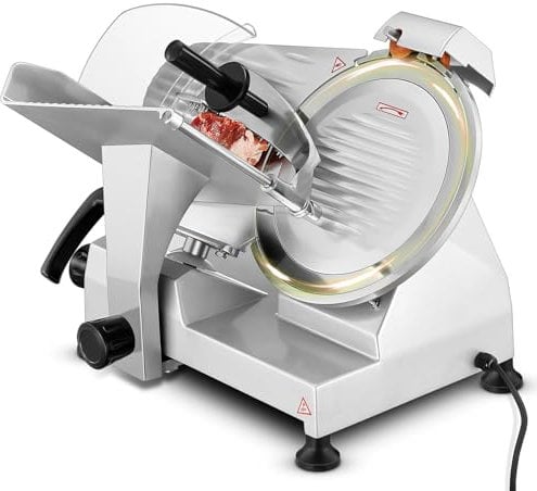240W Trancheuse Électrique Commerciale à viande Trancheuse à Jambon Lame 254 mm 282 tr/min Trancheuse Charcuterie avec Lame en Acier Inoxydable pour Couper en Tranches Viande Fromage Légumes