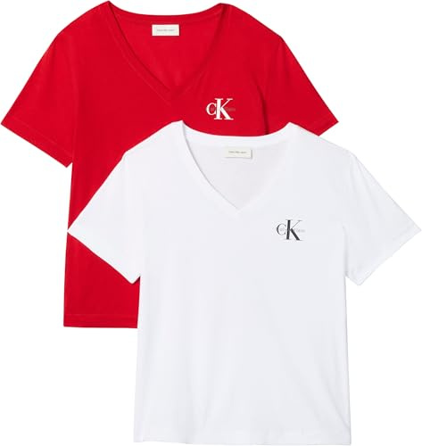 Calvin Klein Damen 2er Pack T-Shirts Kurzarm Logo Tee mit V-Ausschnitt