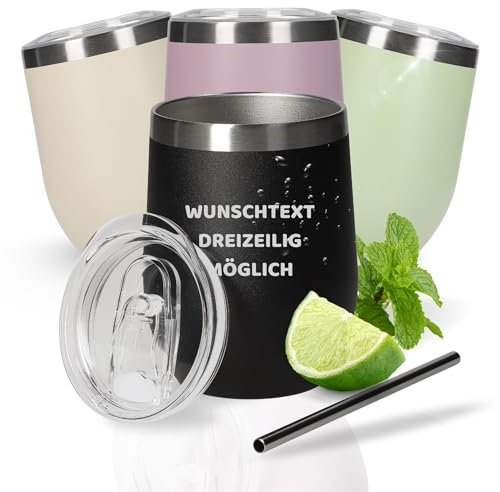 Personalisierter Weinbecher 350 ml - doppelwandiger Edelstahlbecher hält Getränke lange kalt - Trinkbecher mit Deckel und Strohhalm - Personalisierte Geschenkidee für den Sommer, Farbe:schwarz