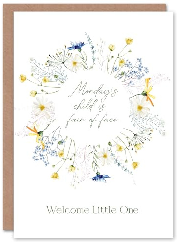 Artery8 Monday's Child is Fair of Face Floral Wreath New Baby Card