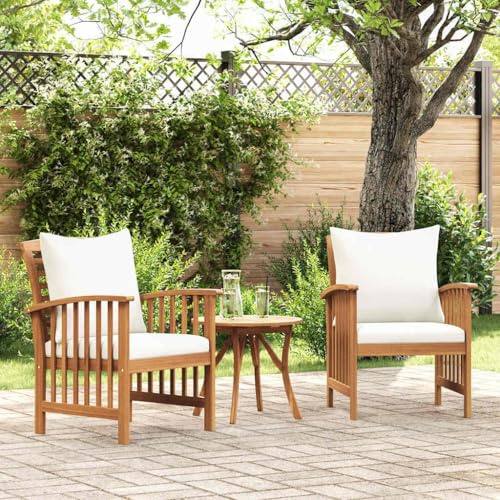 Refined 2X Madera Maciza Acacia Sillas de Jardín con Cojines Asiento Mobiliario Muebles Hogar Cocina Restaurante Comedor Exterior con Respaldo (Marrón Y Crema)