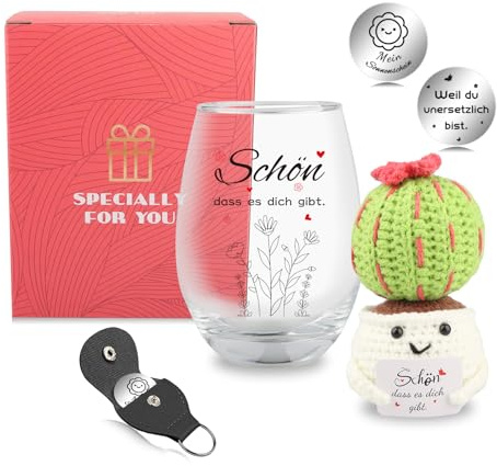 TCRZHHRX Schön, dass es dich gibt-Set: 440ml Glas ohne Henkel + handgehäkelte Puppe + PU-Schlüsselanhänger – Dankesgeschenk für Frauen, Jahrestag Geschenk oder Geburtstagsgeschenk (Kaktus)