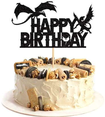 Dragon Happy Birthday Cake Topper Black GlitterMedieval Dragon Theme Cake Decoration for Kids Birthday Party Baby Shower Supplies