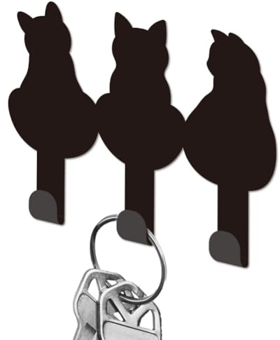 DELORIGIN Cat Back View Metal Key Holder for Wall Cookware Mini Key Hook Organizer Rack Key Hangers Wall Decorative with 3 Hooks for Entryway Front Door Hallway Kitchen Office Bag Clothes Key Hanging