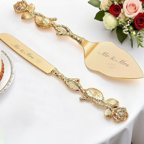 Mocessory Service à gâteau pour mariage, couteau et pelle à gâteau dorés | Service à gâteau sur mesure, pelle à tarte et coupe-pizza gravés, cadeau d'anniversaire ou de mariage