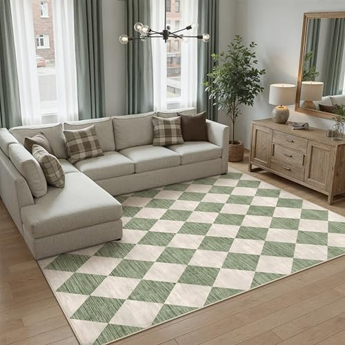 PureCozy Teppich 140x200cm Grün Waschbar Moderne Kariert | Moderner Karo Teppiche,Waschbar,Rutschfest,Weich,Kurzflor,für Wohnzimmer,Schlafzimmer,Esszimmer,Büro