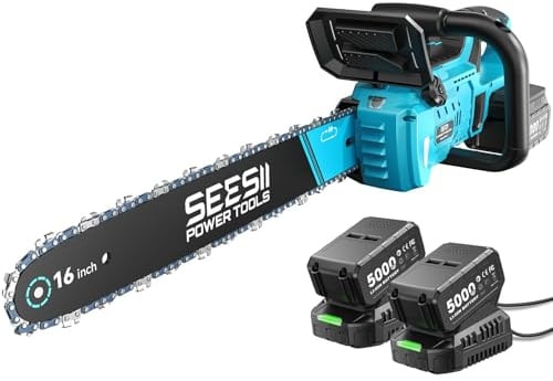 SEESII 16 Pollici Motosega a Batteria, Sega Elettrica per Taglio del Legno | 2200W Motosega Elettrica con 2 * 5000mAh, 40V Motosega doppia batteria con Pompetta Olio e Blocco di Sicurezza