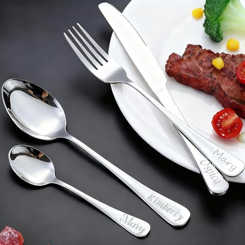 Couverts Gravés Personnalisés, 1 Set de 4 Pièces, Ensemble de Couverts en Acier Inoxydable Gravés, Couverts Personnalisés pour Adultes, Fourchette, Couteau, Cuillère et Cuillère à Café (Argent)