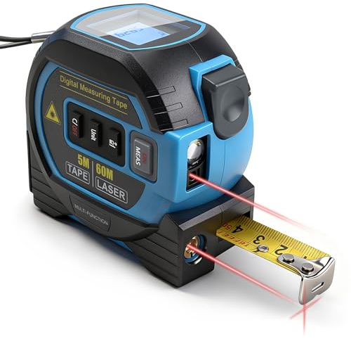 BlueMars 3-in-1 Laser Tape Measure with Cross Line Level – 60M/197ft High Accuracy (±2mm) Laser Measuring Tool, 5M/16ft Magnetic Tape, Auto-Leveling LCD, in/ft/m Units, IP54 Dustproof & Shockproof