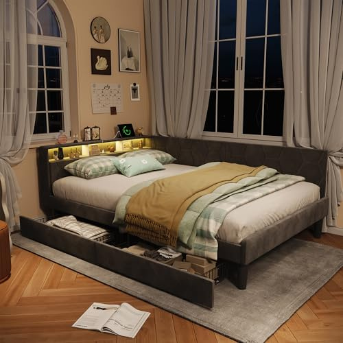 KOOPMAD Doppelbett mit Stauraum,Polsterbett Schlafsofa 140x200,Schubladenbett mit LED und USB,Jugendbett,Bettgestell mit Lattenrost,Gästebett Daybett Tagesbett,Kinderbett,Ohne Matratze (Grau-2)