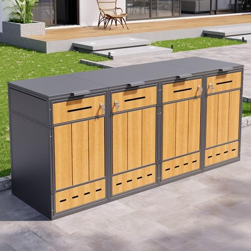 Merax Cache-poubelles verrouillable avec couvercle à charnière et portes avant, tri des déchets, avec trous d'aération, armoire en acier aspect bois, pour jardin et cour, couleur bois et gris