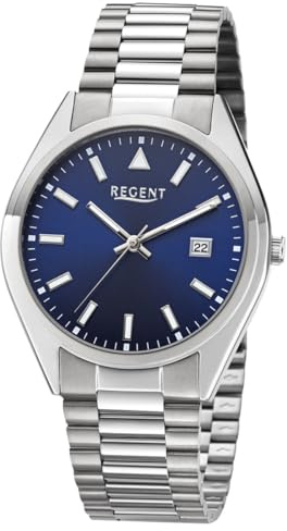 REGENT F-1646 Herrenuhr Edelstahl Silberfarben Blaues Sunray Zifferblatt Datum 39 mm Quarz
