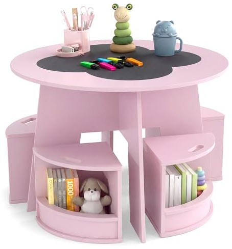 FANTASK 5-TLG. Kindertisch Stuhl Set Rund, Holztisch mit 4 Stauraumhockern, Maltisch für Kinderzimmer, Sitzgruppe ab 3 Jahren (Rosa)