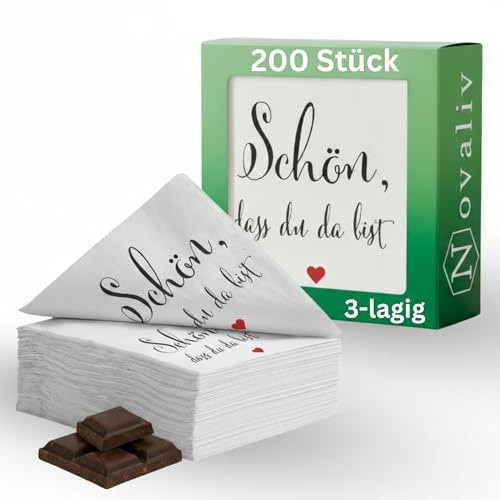 Novaliv 200 Stück Servietten „Schön, dass du da bist“ – 33×33 cm 3-lagig – 20 Papier-Servietten für Familienfeier, Geburtstag, Hochzeit, Taufe, Gartenparty oder Partydeko Napkins