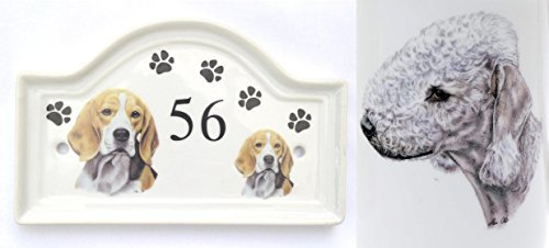 (BB6) House Door Number Plaque plate Ceramic BEDLINGTON TERRIER Dog Breed Number Sign Any Number Available Hand Decorated in the U.K. Free UK Delivery Any breed- any house number- Dog House Door Plaque Porcelain Outdoor Plaques PAWPRINTS,