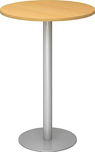bümö Stehtisch Büro, Bistrotisch rund 80 x 80 cm - Bartisch Buche, Stehtisch Holz-Platte, Säule aus Metall in Silber, Buffettisch, Säulentisch, Partytisch, Thekentisch, Hochtisch, Barmöbel