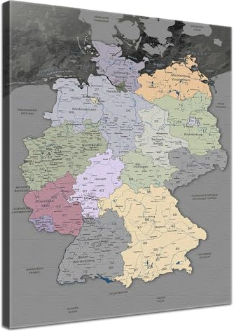 LANA KK - Premium Pinnwand Deutschlandkarte - Edelgrau - Deutsch - in 40 x 60 cm, stabile Rückwand zum Pinnen inkl. Starterkit - Leinwand-Kunstdruck Wandbild Landkarte XXL