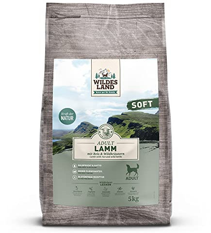 Wildes Land - Halbfeuchtes Trockenfutter für Hunde - Nr. 1 Lamm - 5 kg - mit Reis und Wildkräutern - Glutenfrei - Extra viel Fleisch - Soft Für alle Hunderassen - Beste Akzeptanz und Verträglichkeit