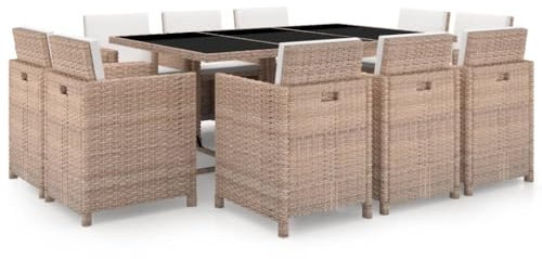 vidaXL Gartenmöbel 11-TLG. mit Auflagen Sitzgruppe Gartenset Sitzgarnitur Gartengarnitur Tisch Esstisch Stühle Gartentisch Poly Rattan Beige