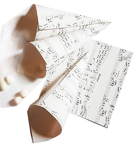 50 Stück Kegel für Partys, Hochzeiten, Blütenblätter, Konfekt, Thema Musik, DIY-Material, Kraftpapier, Musiknoten, doppelseitig, selbstklebend (weißes Papier)
