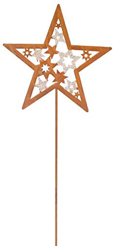 Metall Stecker Stern Rost mit Gold Glitzer Gartenstecker Beetstecker Blumenstecker stecken Weihnachtsdekoration Advent Gartendekoration Glitzer Rasenstecker Edelrostdeko Garten Deko (H=60 cm, Braun)