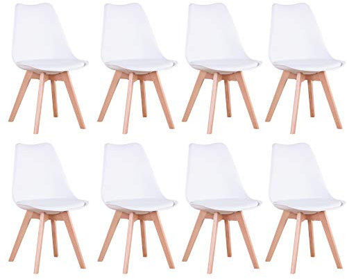BenyLed Juego de 8 Sillas de Comedor con Asiento Tapizado y Patas de Madera de Haya Ideal para Comedor, Cocina, Salón, Dormitorio, Blanco