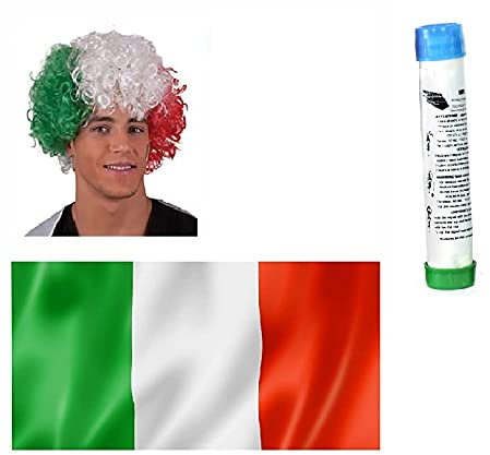 Zeus Party Kit per Partite Della Nazionale Italiana di Calcio con Parrucca Fumogeno Azzurro e Bandiera Italia 90x150cm Fai il Tifo con Questi Fantastici Gadget Euro 2021