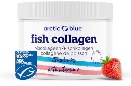 Arctic Blue Marine Kollagen Pulver – 150g – MSC-Zertifiziert - arktisches Fisch Kollagen mit Kollagenhydrolysat und Vitamin C – mit Erdbeergeschmack