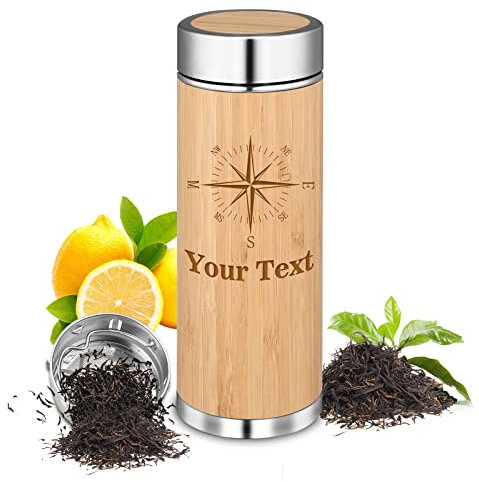 OXYEFEI Tasse Thermo en Bambou Personnalisé avec Nom, Bouteille de Thé Double Paroi, Tasse de Voyage, Infuseur Thé Bouteille avec une Passoire à Thé en INOX, Étanche, sans BPA (500ML)