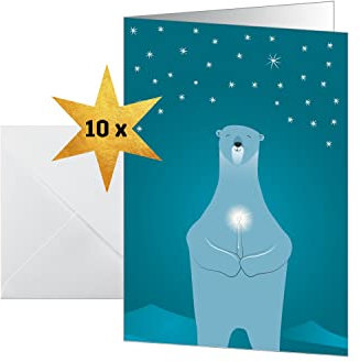 SIGEL DS077 Weihnachts-Karten Set mit Umschlag, A6, 10 Stück, Polar bear with candle, ideal zum Bedrucken, aus nachhaltigem Papier
