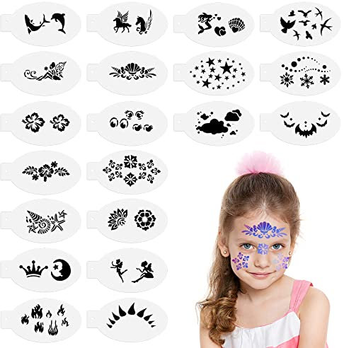 Grevosea 20 Stück Tattoo Schablonen Kinder Wiederverwendbare Schablonen für Gesicht und Körper Tattoo Schablonen temporäre Tattoos für Kinder Halloween Urlaub Party Make-up Körperkunstmalerei