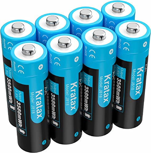 8-Pack 1.5V Rechargeable AA Lithium Batteries,Kratax Long-Lasting High-Capacity 3500mWh Double A Battery,1600Cycles,Constant Output