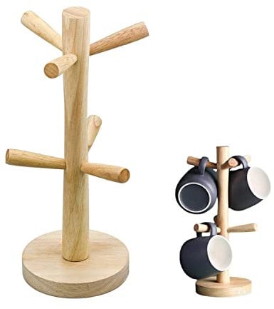 ZHjuju Mug Tree Cup Holder,Mug Holder Wooden Mug Tree Wood Cup Holder Stand Cup Holders Wood Mug Rack Tree Coffee Mugs Tea Cup Storage Rack with 6 Cup Hooks for Kitchen Counter Tabletop