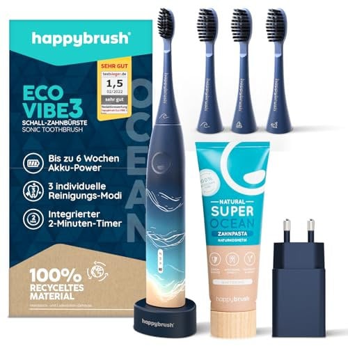 happybrush [Testsieger*] Elektrische Schallzahnbürste ECO VIBE 3 Ocean - Elektrische Zahnbürste mit 6 Wochen Power-Akku inkl. 3 Aufsteckbürsten und SuperOcean Zahnpasta Blau