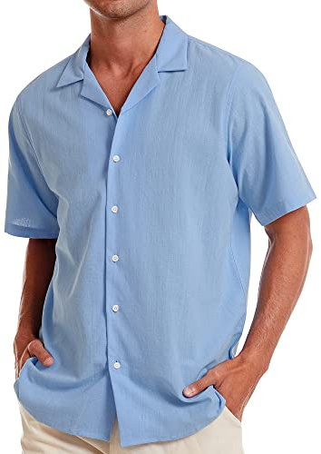 Alimens & Gentle 100% Cotton Regular Fit Short Sleeve Casual Hawaiian Shirt for Men, Linen-new Blue, XXL