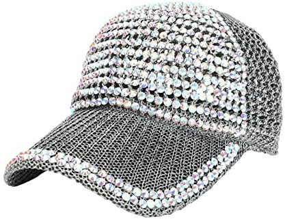 For Sommer Laufmütze für Damen Damen Herren Besetzte Strass Kristalle Verstellbare Pferdeschwanz Mesh Baseballmütze (Grey, One Size)