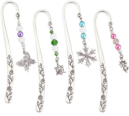 OLYCRAFT 4 Stück Haken Lesezeichen Aus Legierung Glasperlen Lesezeichen Antike Silberne Metall Lesezeichen Mit Schmetterlings/Blumen/Schildkröten/Schneeflocken Anhänger Für Buchliebhaber - 16.5cm