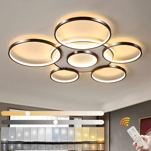 Plafonnier LED | Plafonnier De Salon Moderne À 7 Anneaux | Cercle Rond Noire 120W/Ø110cm | Plafonniers De Chambre | 2800K-6000K Dimmable Avec Télécommande | Lampe De Plafond D'Intérieur De Restaurant