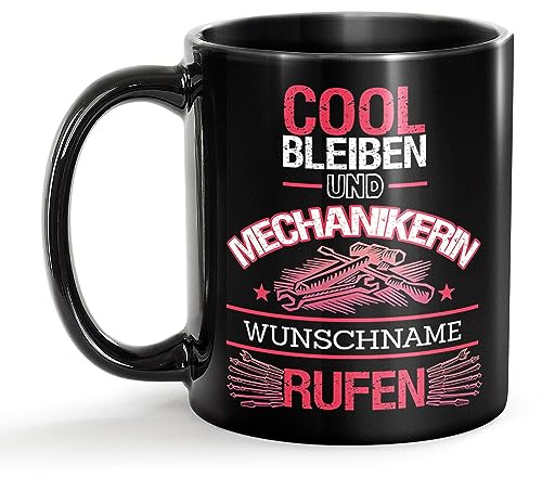 Tassendruck Schwarze Tasse für Mechanikerin mit Name - Cool bleiben und Name rufen - Geschenk für Kollegin zum Geburtstag | Personalisierte Geschenke, Keramik Schwarz, 300 ml