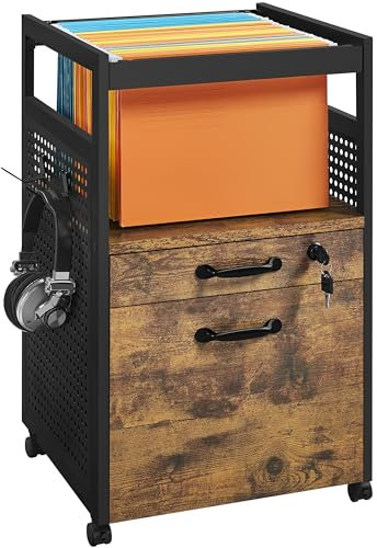Abician Caisson de Bureau sur roulettes, Armoire à Dossiers Format A4 / Lettre avec 2 Tiroirs, Caisson de Rangement en Bois avec Crochets Mobiles pour Bureau, 42×40×69 cm. Noir/Brun Rustique