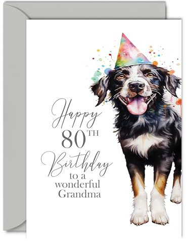 Geburtstagskarte zum 80. Geburtstag für Oma – Party-Hund – Happy Birthday Karte für 80 Jahre alte Oma von Enkelin Enkel, A5 Geburtstag Frau Frauen Sie Grußkarten Geschenk für Oma Geburtstagsgeschenke