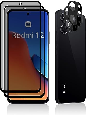 MiRowy 2+2 Piezas Protector Pantalla de Privacidad + Protector de Lente de Cámara para Xiaomi Redmi 12, Cristal Vidrio Templado Antiespia, Protector Pantalla para Xiaomi Redmi 12