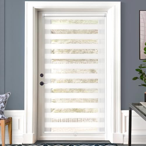 LazBlinds Cordless French Door Blinds, No Drill Roll Up Zebra Blinds, Light Control Day and Night Sheer Shades for Front Patio Sidelight Glass, 35.8'' W x 78'' L, White