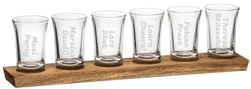 LUXENTU Schnapsgläser mit Namen, Stamper mit Gravur 6er Set, 45 ml, Schnapsglas Tasting-Set mit Holzbrett, Personalisierte Lasergravur Geschenkidee