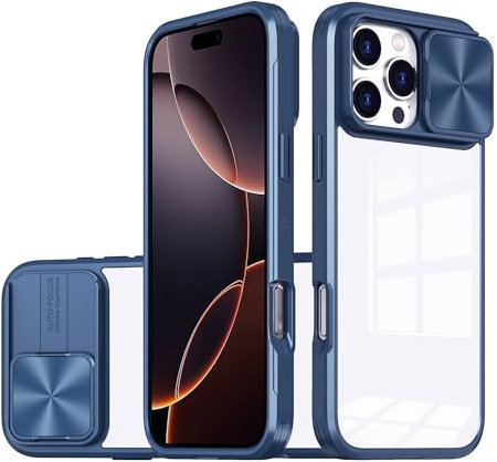 LIUKM Cover per iPhone 16 Pro Custodia, Scorrevole Protezione Fotocamera Ultra Sottile Leggero Hard PC Back Cover e TPU Bumper Protettiva Case [Antiurto Antiscivolo AntiGraffio] - Blu