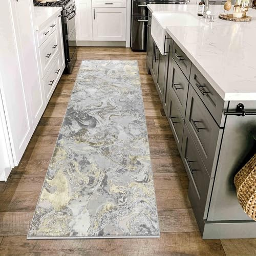 Emperor Metallic Abstract Modern Hallway Runner Rug, Gold, 60x220cm
