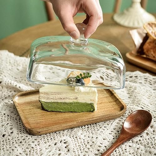 BSDLZCH Beurrier élégant en bois d'acacia avec dôme transparent, plateau de gâteau de mariage vintage classique, assiette de présentation multi-usages, plateau de service pour desserts et pâtisseries