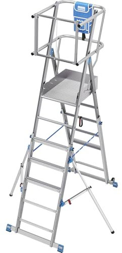 KRAUSE | Teleskop-Plattformleiter | höhenverstellbar durch ClickMatic-System | mit umlaufendem Geländer | 5-9 Sprossen