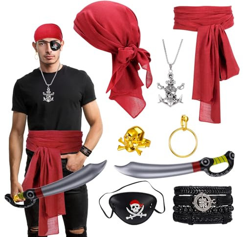 Lvefyti 8 Stück Piraten Kostüm Zubehör Damen Herren, Piraten Augenklappen Piraten Kopftuch Creolen Halskette Armband Goldenen Totenkopfring Piratensäbel für Karneval Halloween Cosplay Mottoparty(Rot)