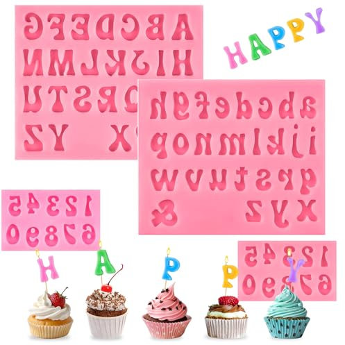 Kaket 4 Pcs Silicone Letter Numbers Mold Pink, Chocolate Candle Fondant Molds, 0-9 Number A-Z Letter Alphabet Silicone Mold for Baking Cake Dessert Decoration (Pink)